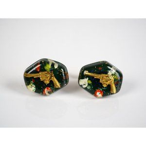 50s Vintage Confetti Resin Gold Pistol Cuff Links, Midcentury Modern Mens Jewelr